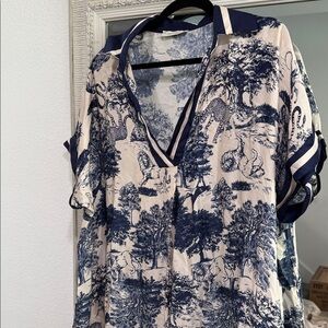 Chic Blue and Cream Women's Blouse